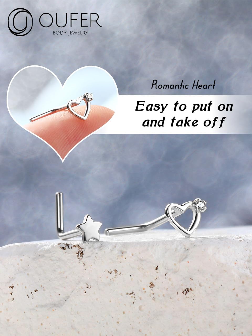 OUFER 925 Sterling Silver Nose Stud L Nose Rings 20G Nostril Solid Heart Nose Piercings Jewelry Cartilage Earrings for Women Men (L - Heart) - Image 7