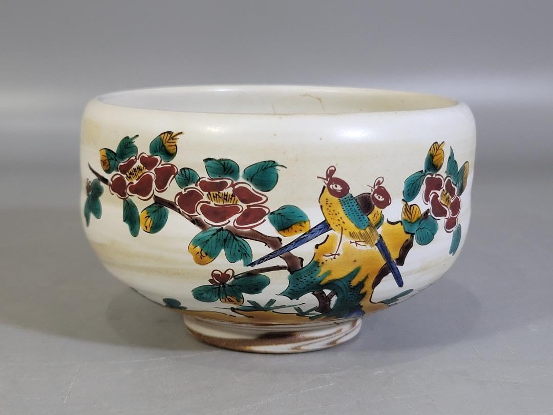 Tea utensils Kutani flower and bird painting Matcha bowl by artist. *Wooden box not included for international shipping ?
