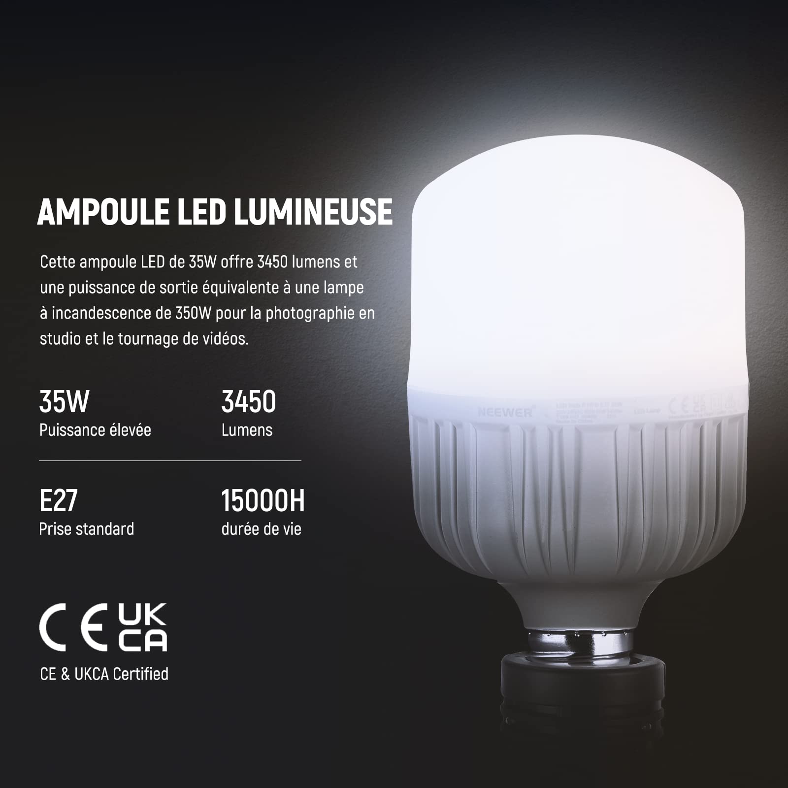 Neewer E27 35W Ampoules LED, 2PCS,2300lumens/5700K/IRC 93+/15000h,éclairage Puissant pour Vidéo et Photographie, Silencieuse/sans Scintillement/Non dimmable équivalent à 200W Ampoule incandescente