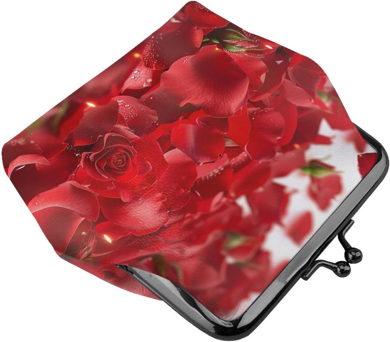 Red Rose Petals Printed Coin Purse for Women Cute PU Leather Coin Wallet Mini Coin Purse Pouch with Kiss-Lock