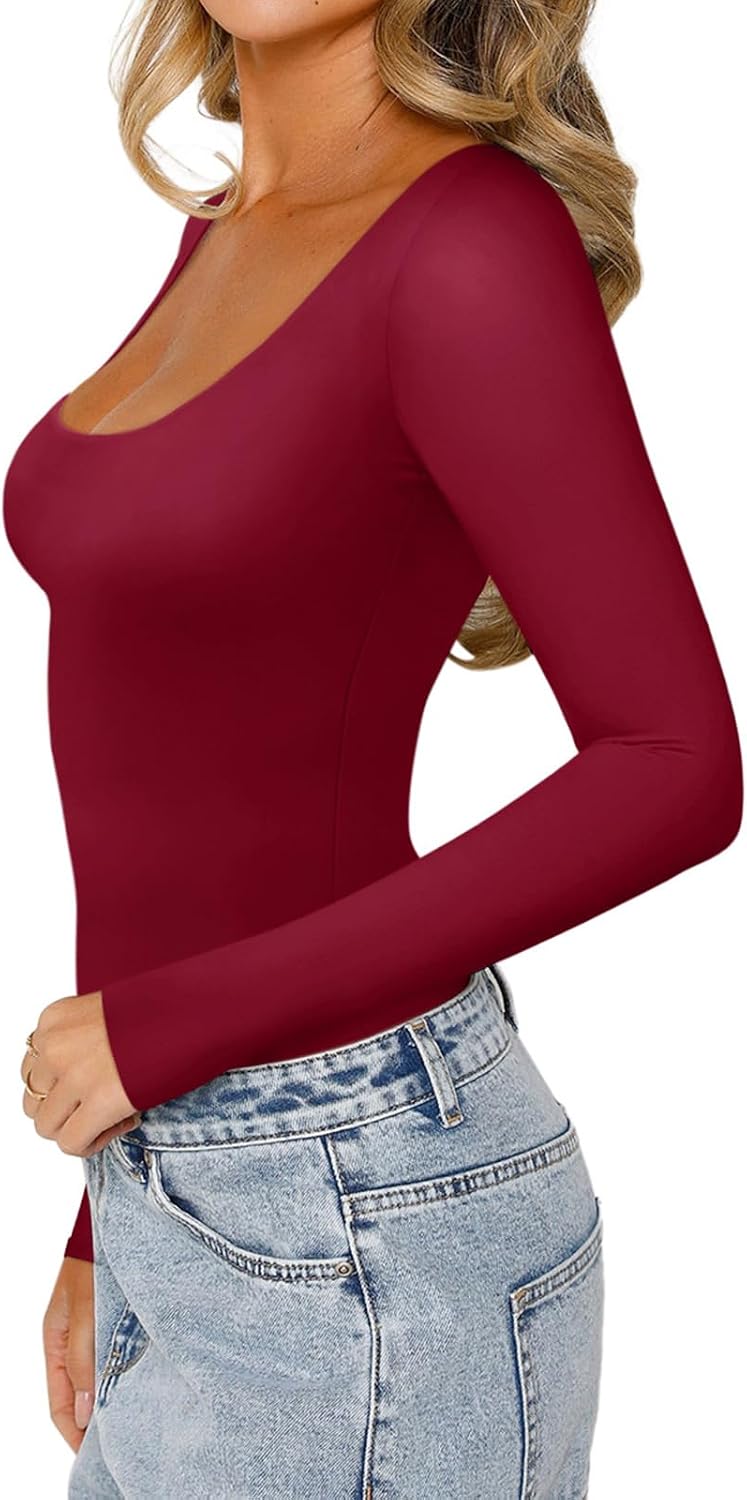 REORIA Women's Sexy Basic Scoop Neck Long Sleeve Double Lined Layering Slim Bodysuit Tops