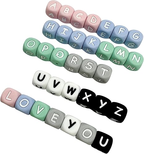 Miniatura 3 de Alfabeto de silicona con 26 cuentas de letras de 0.472 in, 78 cuentas sueltas de silicona con letras de colores mixtos para bricolaje collar pulsera
