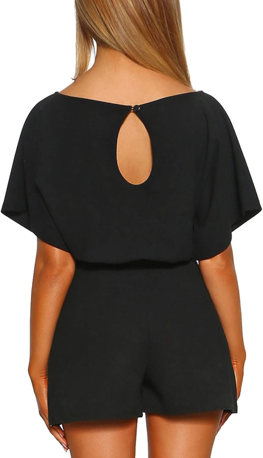 Vetinee Womens Summer Belted Romper Keyhole Back Short Sleeve Jumpsuit Playsuit - Image 2