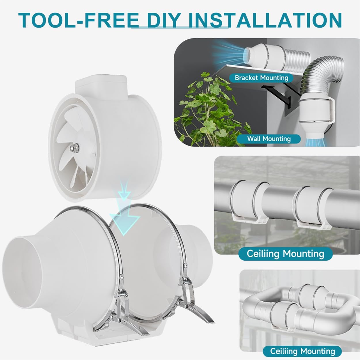modunful 4 Inch Inline Duct Fan – Low Noise 28dB Quiet Ventilation Exhaust Fan for 2x2/3x3 Grow Tent, Bathroom & Small Room, 182 CFM Energy Efficient, On/Off Switch, 59" Power Cord