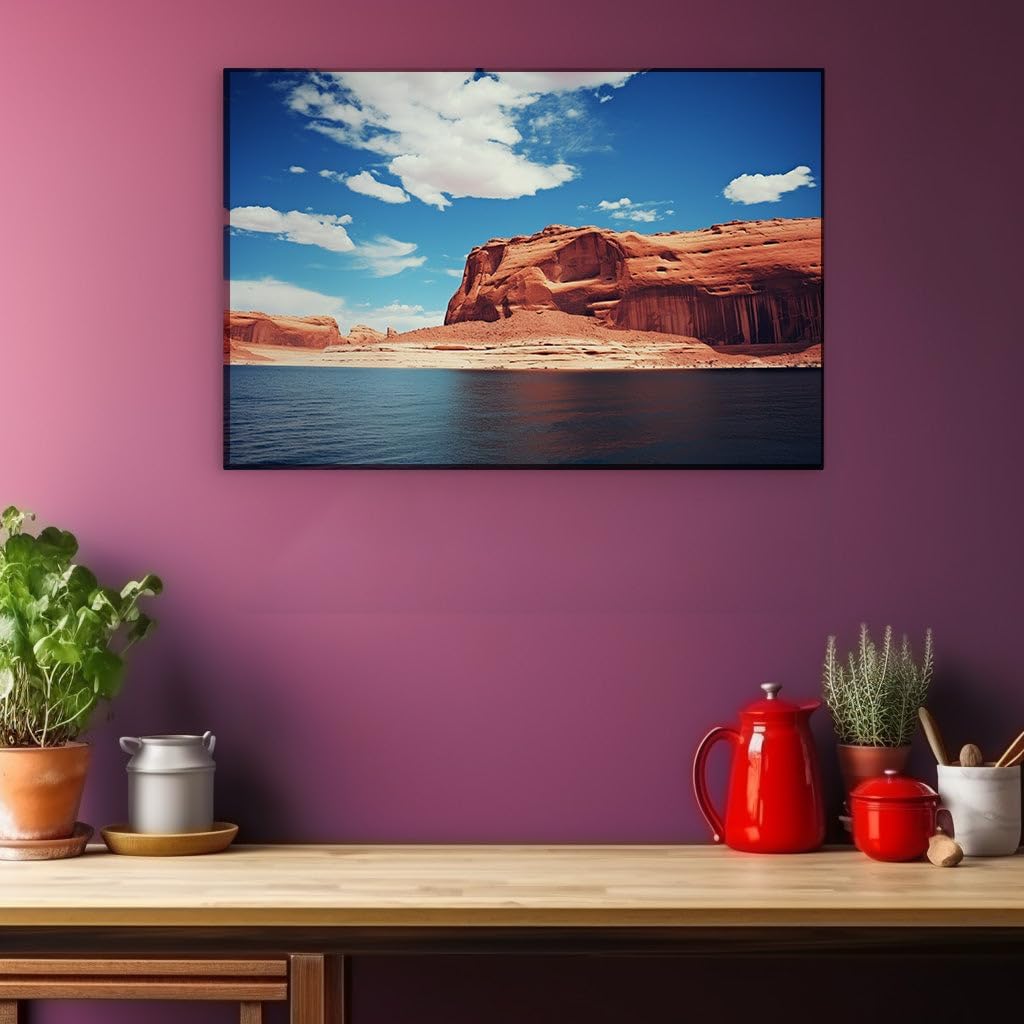 Canvas for Living room. Majestic Red Rock Serenity by the Deep Blue Lake, 27 x 18 inch Canvas Wall Art - Captivating Portraits - Modern Home Decor