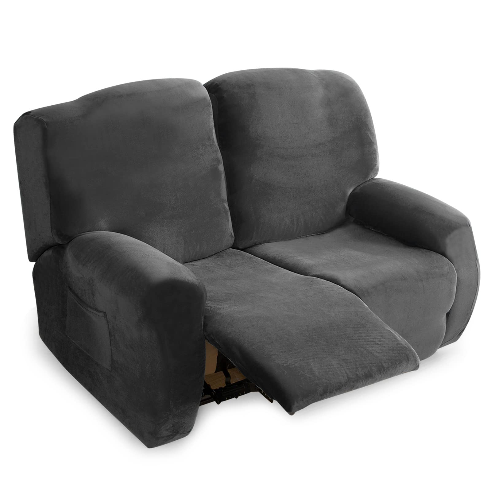 Topchances Recliner Chair Cover 2 Seater - Super Soft Velvet Stretch Recliner Couch Covers Sofa Chair Slipcover with Side Pocket for 2 Cushion Recliner Sofa for Furniture Protector (Dark Grey)