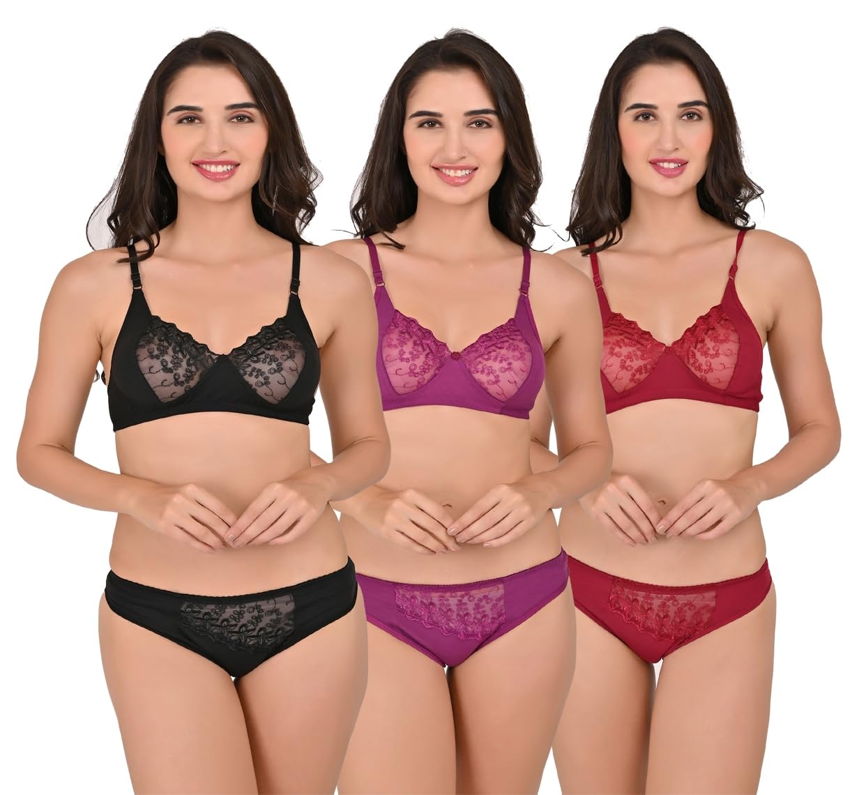 Lingerie Set Full with Coverage Non-Padded Bra and Hipster Panty (Multicolor, Pack of 3)-image-33