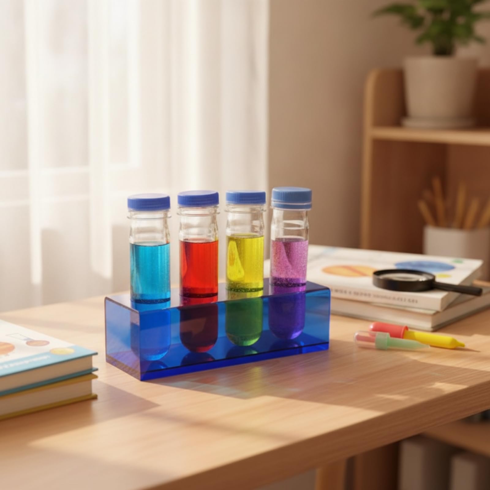 Gradilla Acrílico con Tubos Azul Gradilla con Tubos Ensayo Ahorra Espacio Soporte para Niños, Aula, Laboratorio
