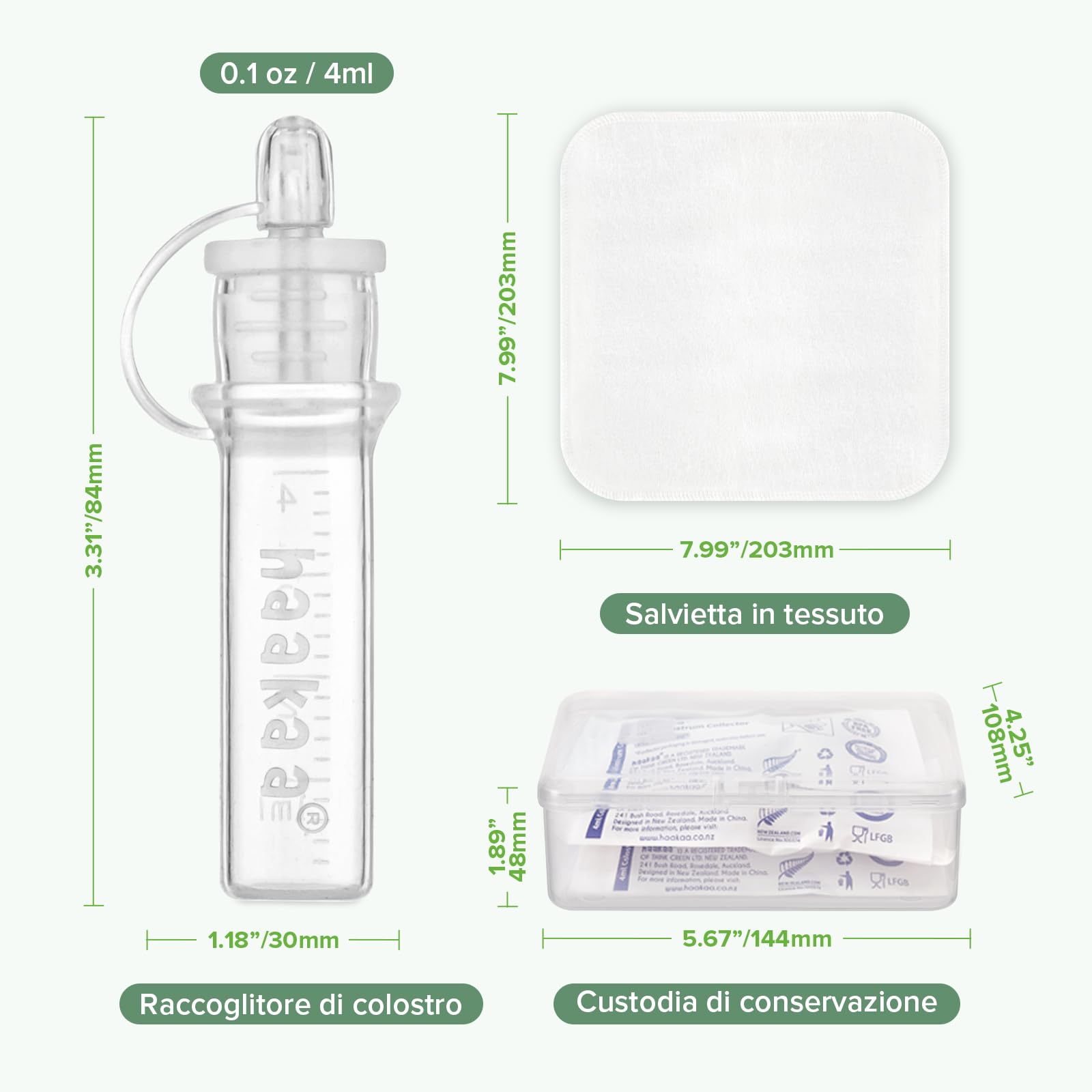 haakaa Kit di raccolta colostro in silicone, raccoglitore per latte materno con salvietta per la pulizia in cotone, etichette adesive e custodia, pronto all'uso, 4ml/6pcs