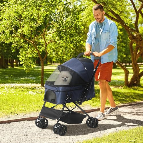 PawHut Hundebuggy Hundewagen Buggy für kleine Hunde und Katzen Haustierwagen Pet Stroller Katzenbuggy Oxford Blau 76,5 x 52 x 95 cm
