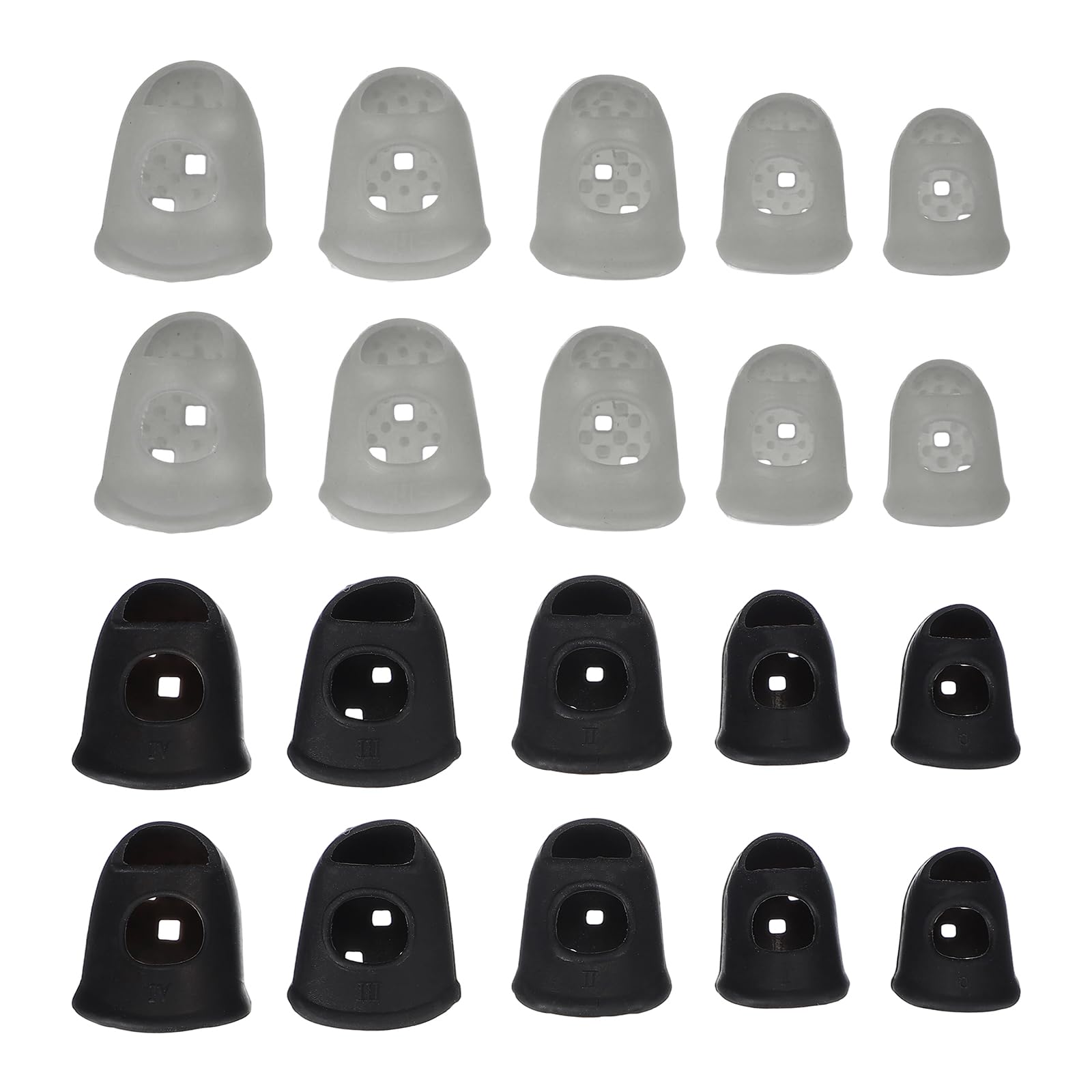 PATIKIL Rubber Finger Tips, 5 Sizes 20 Pcs Guitar Fingertip Protector Silicone Thimbles Knitting Accessories for Hand Sewing Paper Sorting Money Counting Guitar Playing, Black/Gray