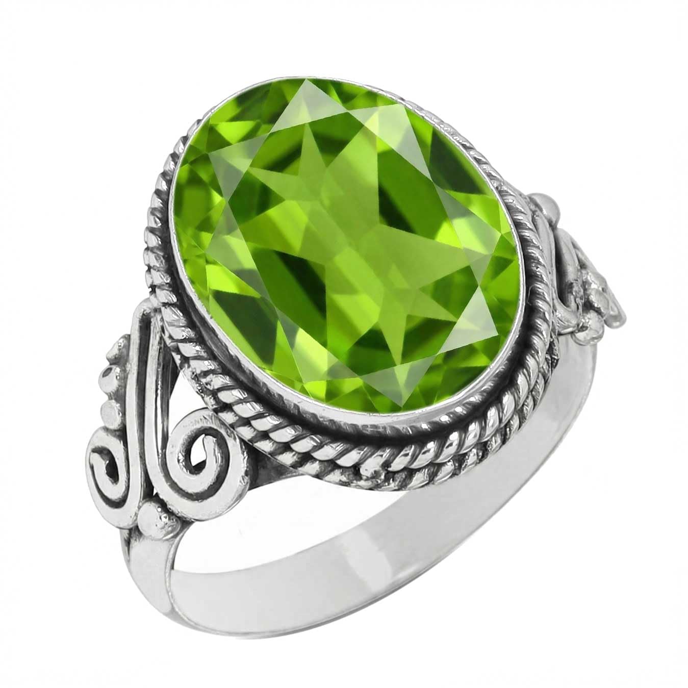 Jeweloporium Ring mit grünem Peridot-Quarz, silberplattiert, Größe 60 (19,1), 925er Silber, Damenring, massiver ovaler Edelstein, Boho-Schmuck