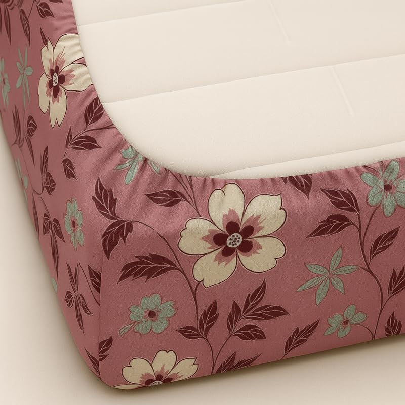 Image of Pink Blossom Floral Print Fitted Bedsheet | Glace Cotton 140 TC | Queen Size (60x78 inch) with 2 Pillow Covers (18x28 inch) | Deep Pocket up to 10 Inches - Soft & Comfortable