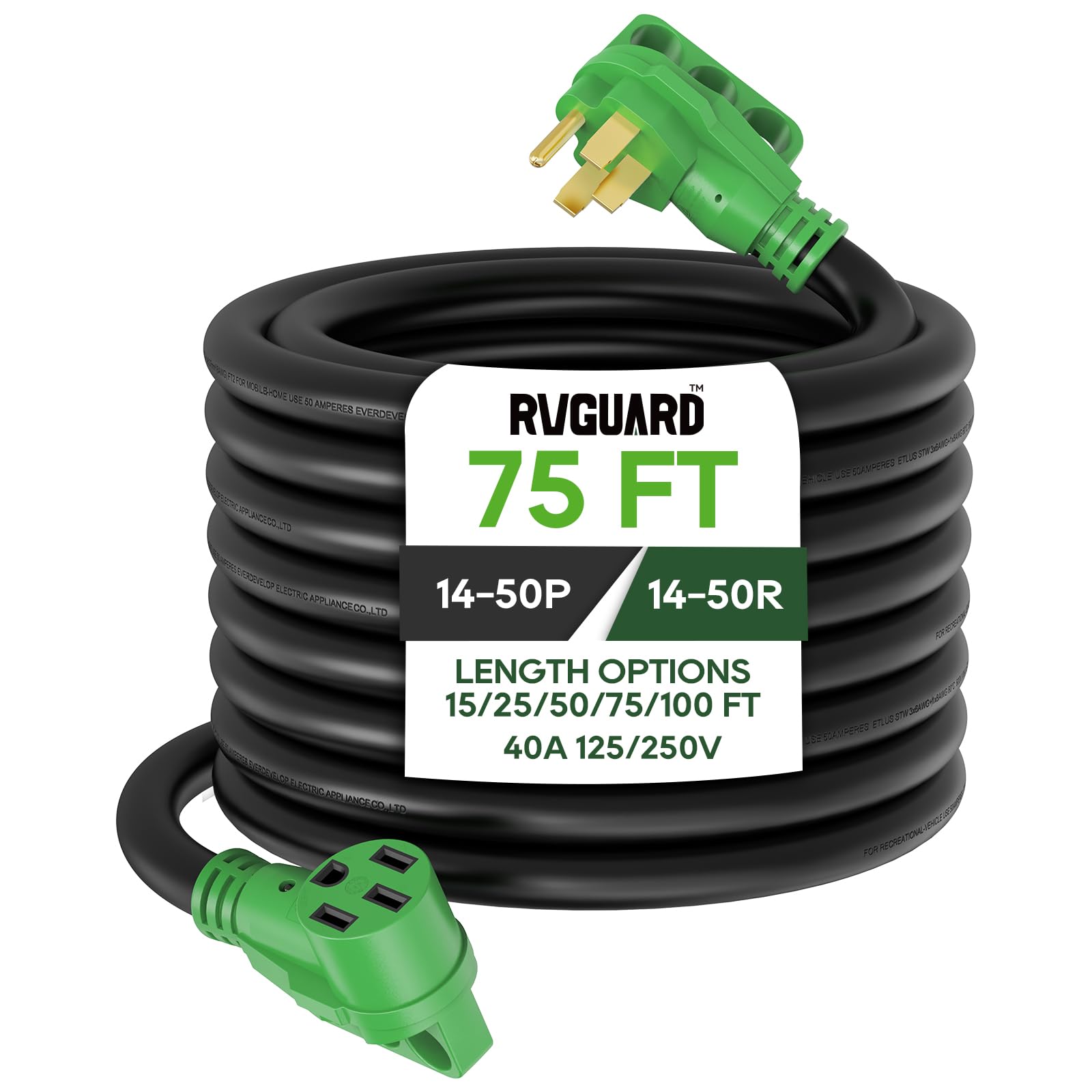 Photo 1 of RVGUARD 50 Amp 75 Foot RV/EV Extension Cord, NEMA 14-50P/R Heavy Duty Extension Cord with LED Power Indicator and Cord Organizer, Green, ETL Listed