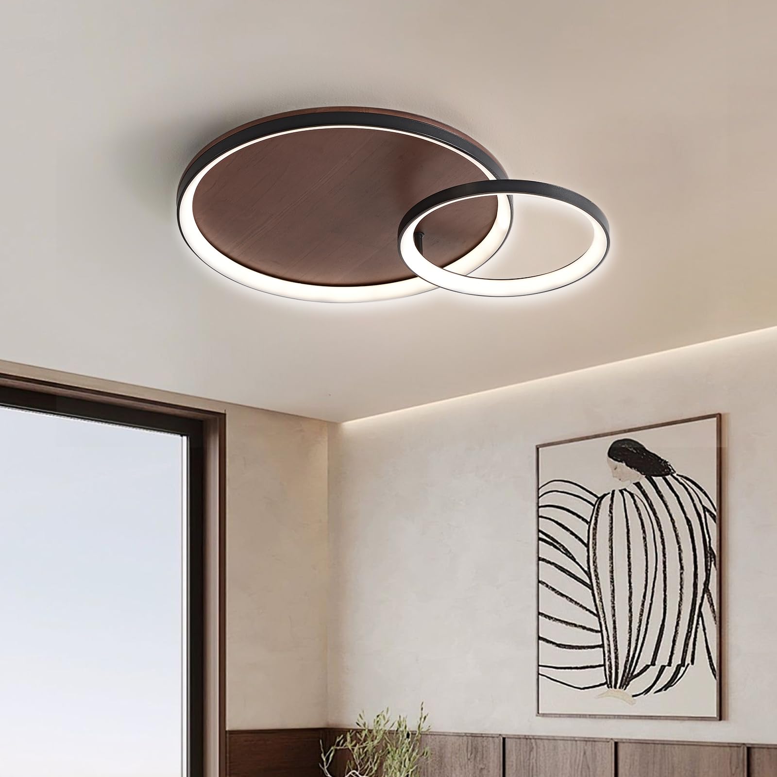 Lámpara de Techo LED de Madera, Negra Geométrico Salón Lámpara Regulable con mando a distancia, 3000K-6000K, con Luz Nocturna y Función de Memoria,42cm/28W Redonda