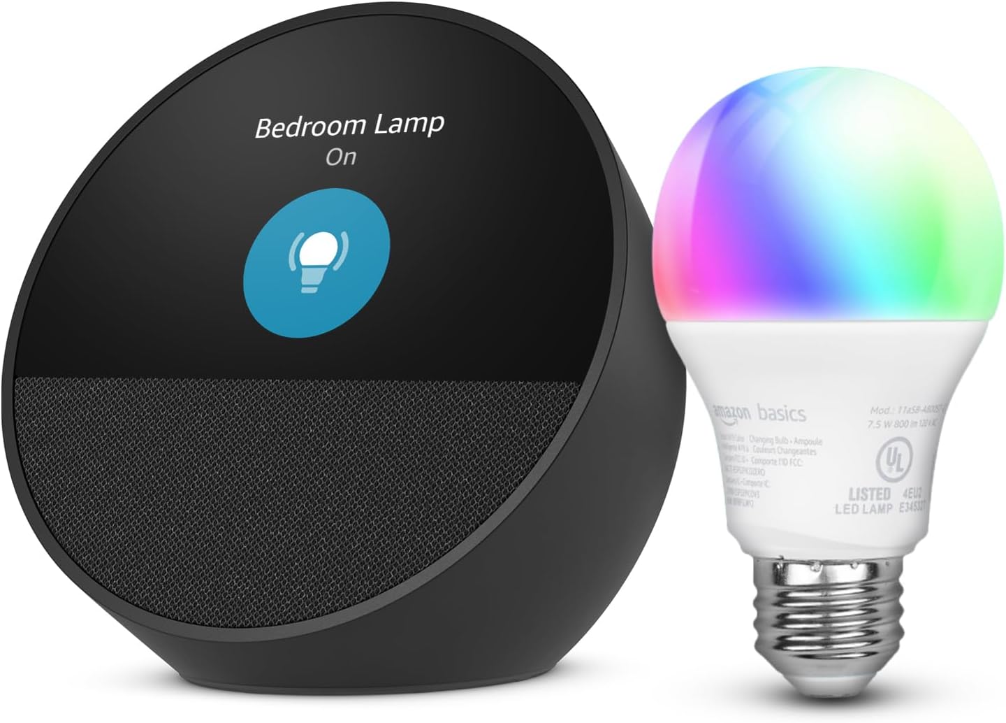 Echo Spot con Bombilla Inteligente Amazon Basics – Control de Luz y Alexa Integrada