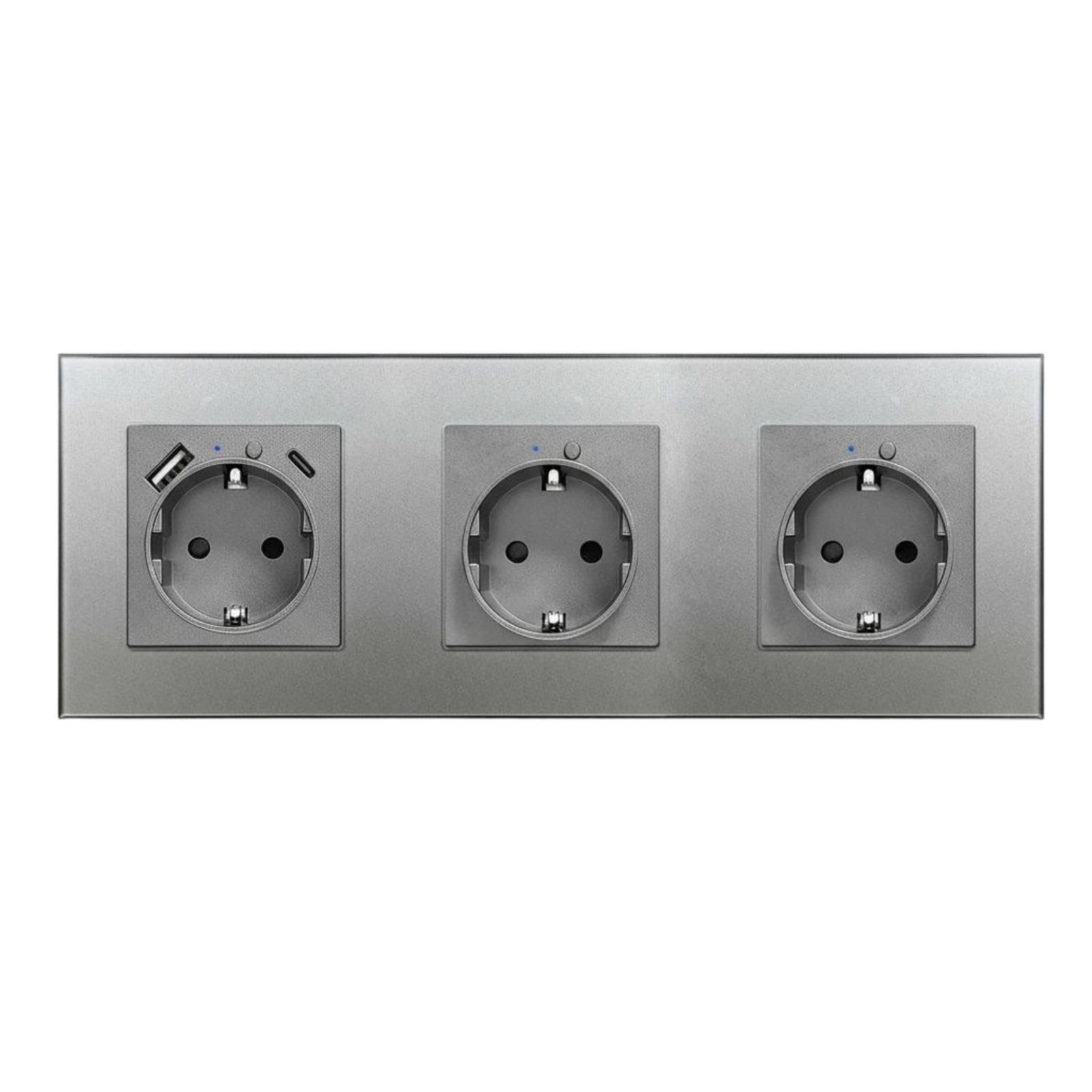 connected wall plug timer and schedule function eu power family sharing glass panel wall outlet for families, parents, bedroom, office, home grey 224-2ac+socket