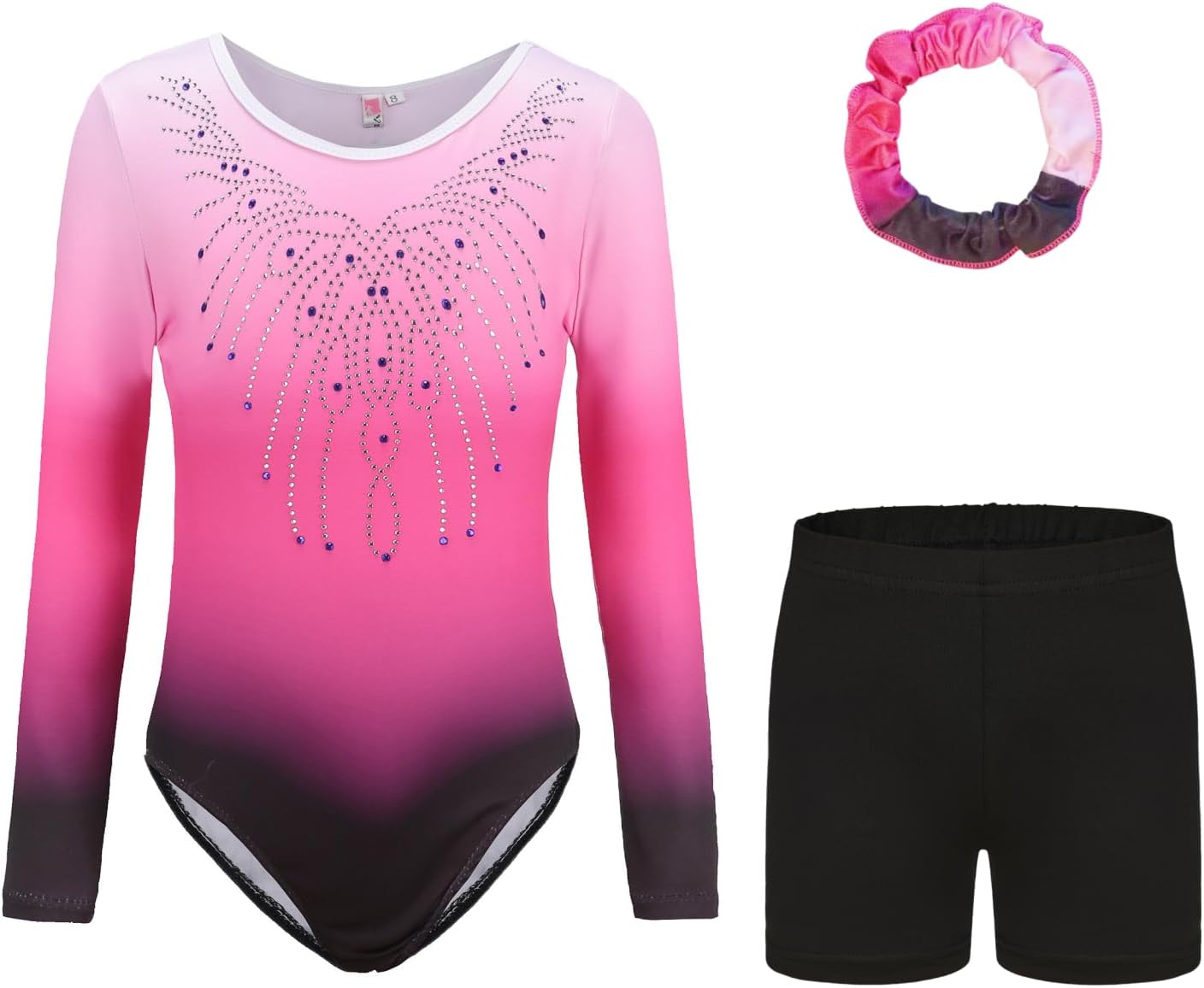 Gymnastics Leotards Set For Dancing Girls - Long Sleeve & Sleeveless Leotards with Shorts and Headband Gradient Color Sparkling Ballet Dancing Unitards Gymnastics Outfit Gift for 110-150cm Girls