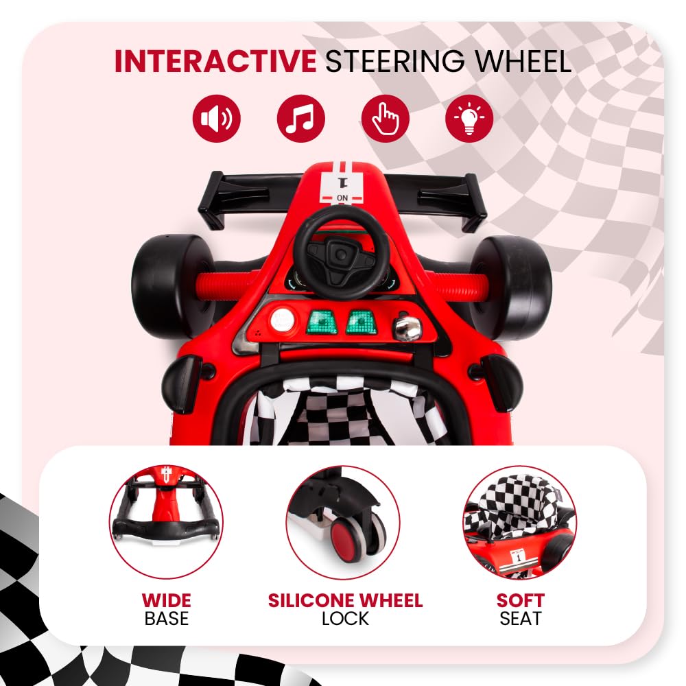 Andador para bebés Formula Racing, 6-18 meses, baby walker plegable con ruedas silenciosas, caminante con Empuje Regulable en Altura, coche de aprendizaje móvil con música y luz (Rojo)