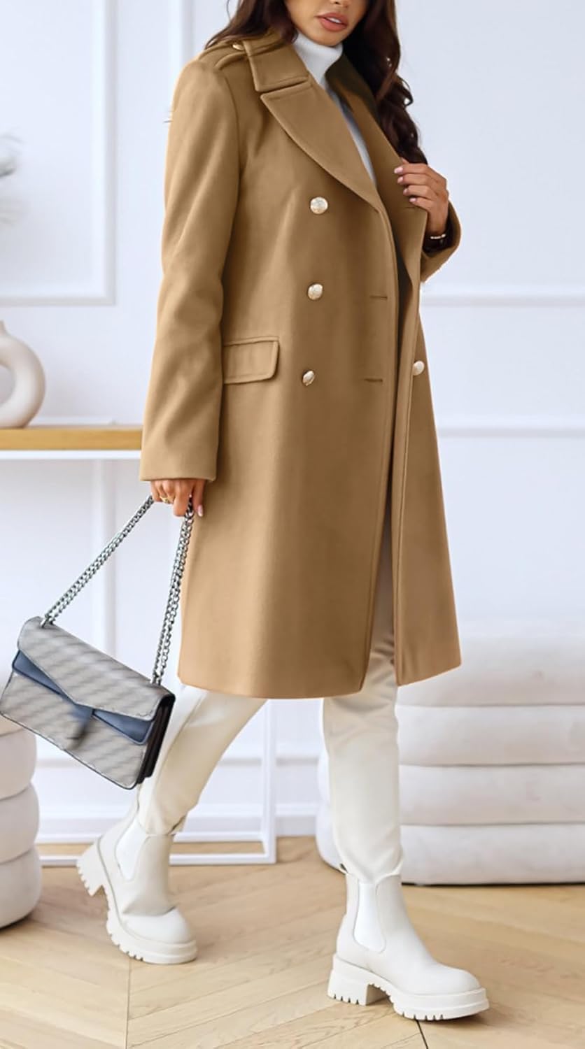Abrigo Largo de Lana con Doble Botonadura y Solapa de Invierno para Mujer