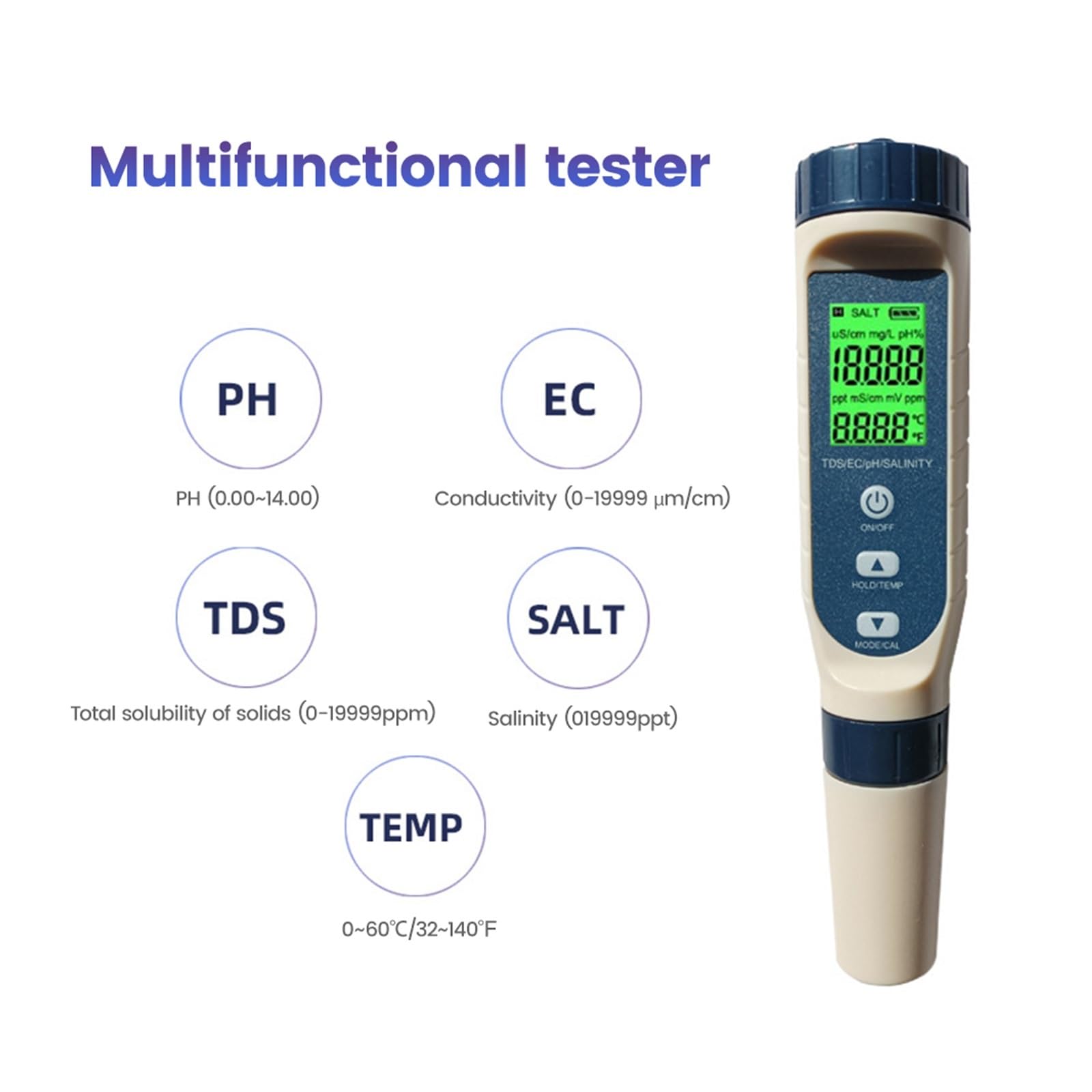 Tester miernika PH, 5 w 1 cyfrowy miernik PH TDS/EC/PH/SALT/TEMP długopis testowy przenośny Monitor jakości wody Tester do basenów akwaria wody pitnej,Woda pitna, Hydroponika, SPA, Browarnictwo(With