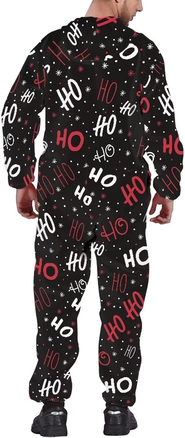 Yewattles Unisex Onesie Novelty Printed One-piece Pajamas Women Men Hooded Jumpsuits Adult Nightwear Romper Holiday Pjs