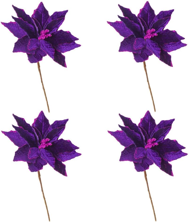 Factory Direct Craft Artificial Purple Velveteen Poinsettias Set of 4 for Tree Decorating and Christmas Displays - 9 Inches Dia