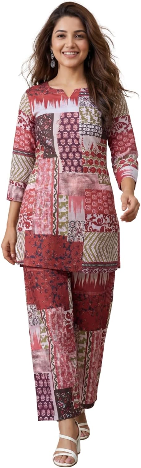 Leriya Fashion Kurta Set for Women - Ethnic Co Ord Set, Casual and Fancy Rayon Printed Short Kurti With Pant Set (Small, Pink)