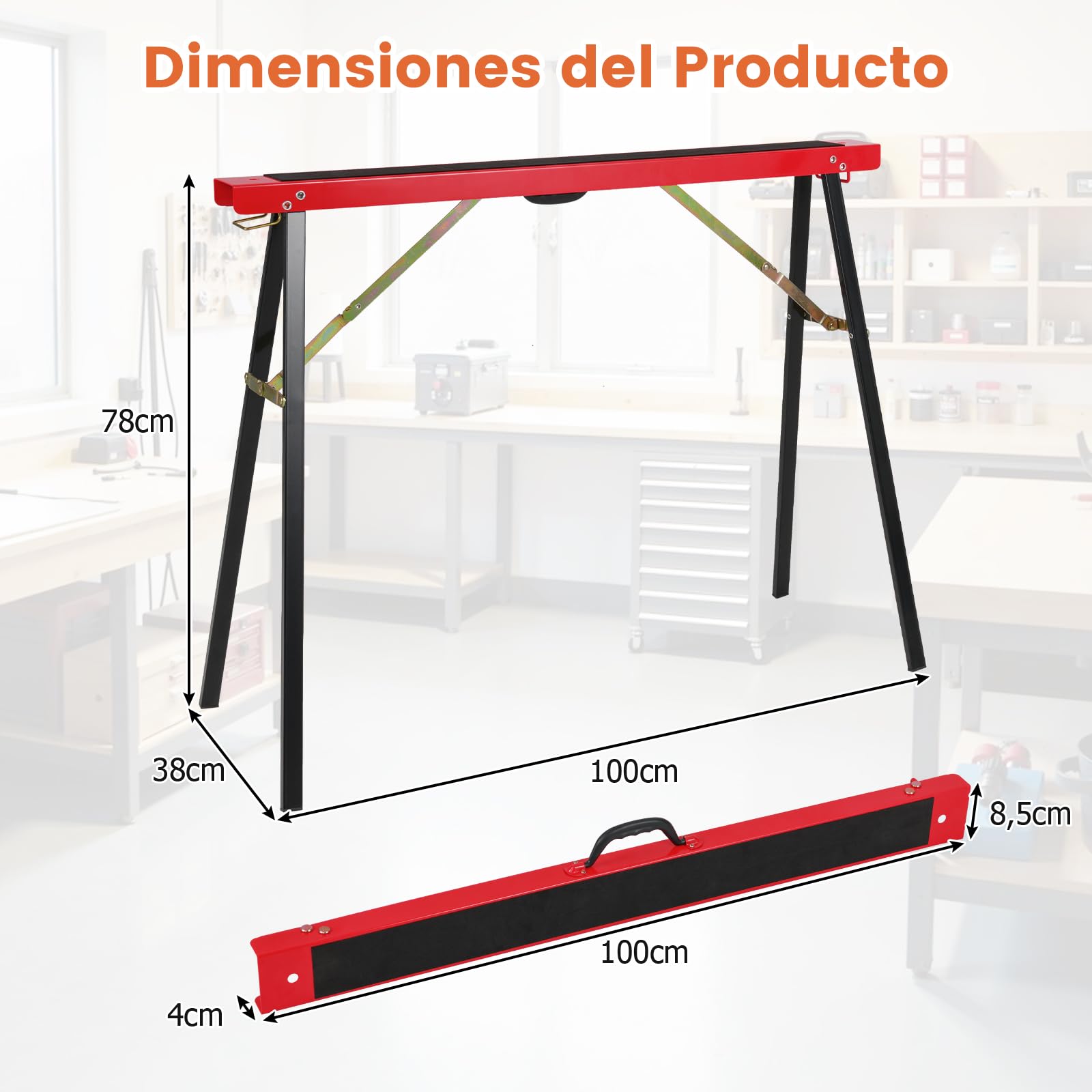 GOPLUS Juego de 2 Caballetes de Sierra Plegables, Caballete de Metal Galvanizado con Superficie Antideslizante y Asa, Capacidad de 375 kg, Soporte Portátil para Herramientas Carpintería Bricolaje
