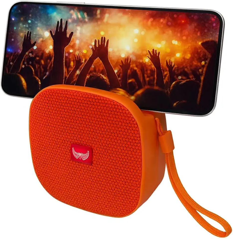 Caixa de Som Bluetooth Portátil 5W com Suporte para Celular, USB, Cartão TF, Rádio FM, Recarregável 800mAh, Design Compacto e Potente (Laranja)