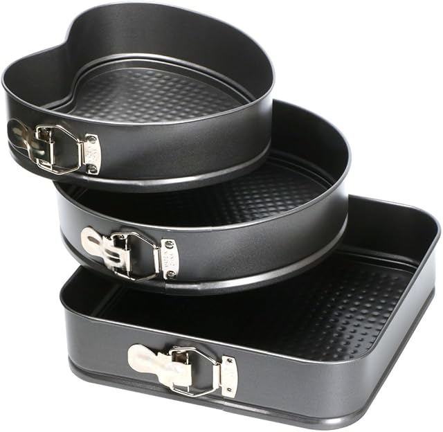 TRIXES Spring Form Cake Tin, Set of 3, Heart Square Round Shapes with Loose Base, Quick Release Springform Shapes, Great for Sponge Cakes and Cheesecakes, Baking Accessories, Cooking Tin