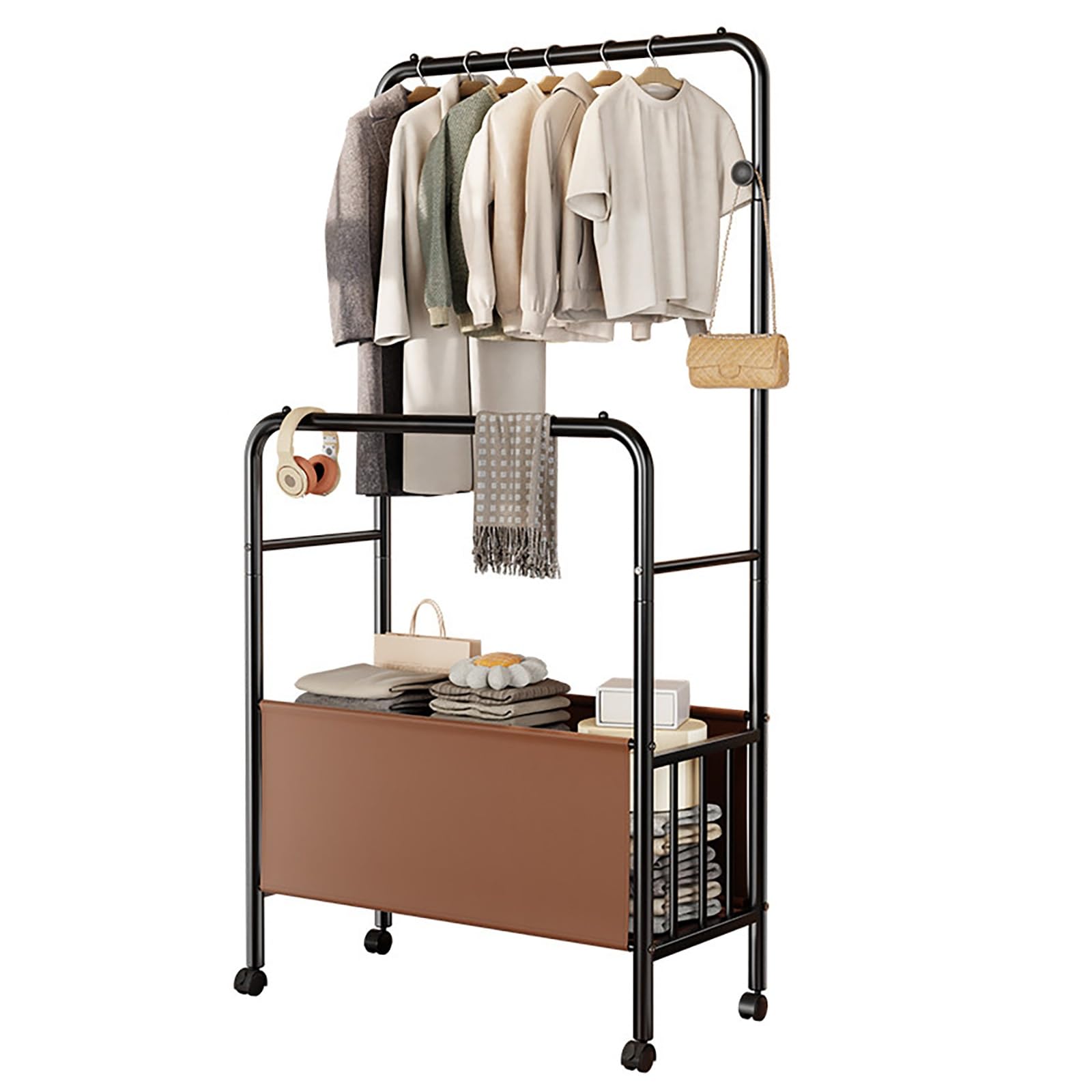 JYBNBBE Rolling Clothes Rack with Storage Basket, Garment Rack on Wheels with Hanging Rod & Side Hooks for Bedroom Laundry Display,Black-60cm/23.6in