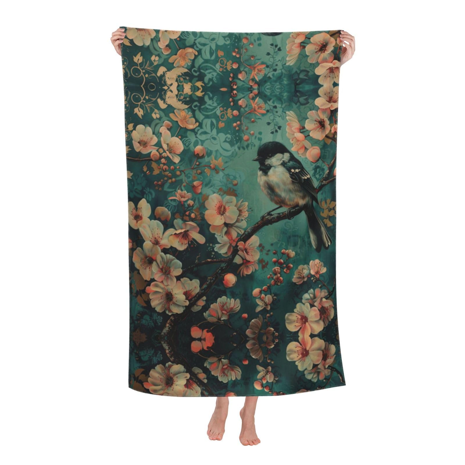 KPXXAQT Flower And Bird Art Print Oversized Adult Beach Towel Quick-Dry Travel Swimming Camping Outdoor Adventures