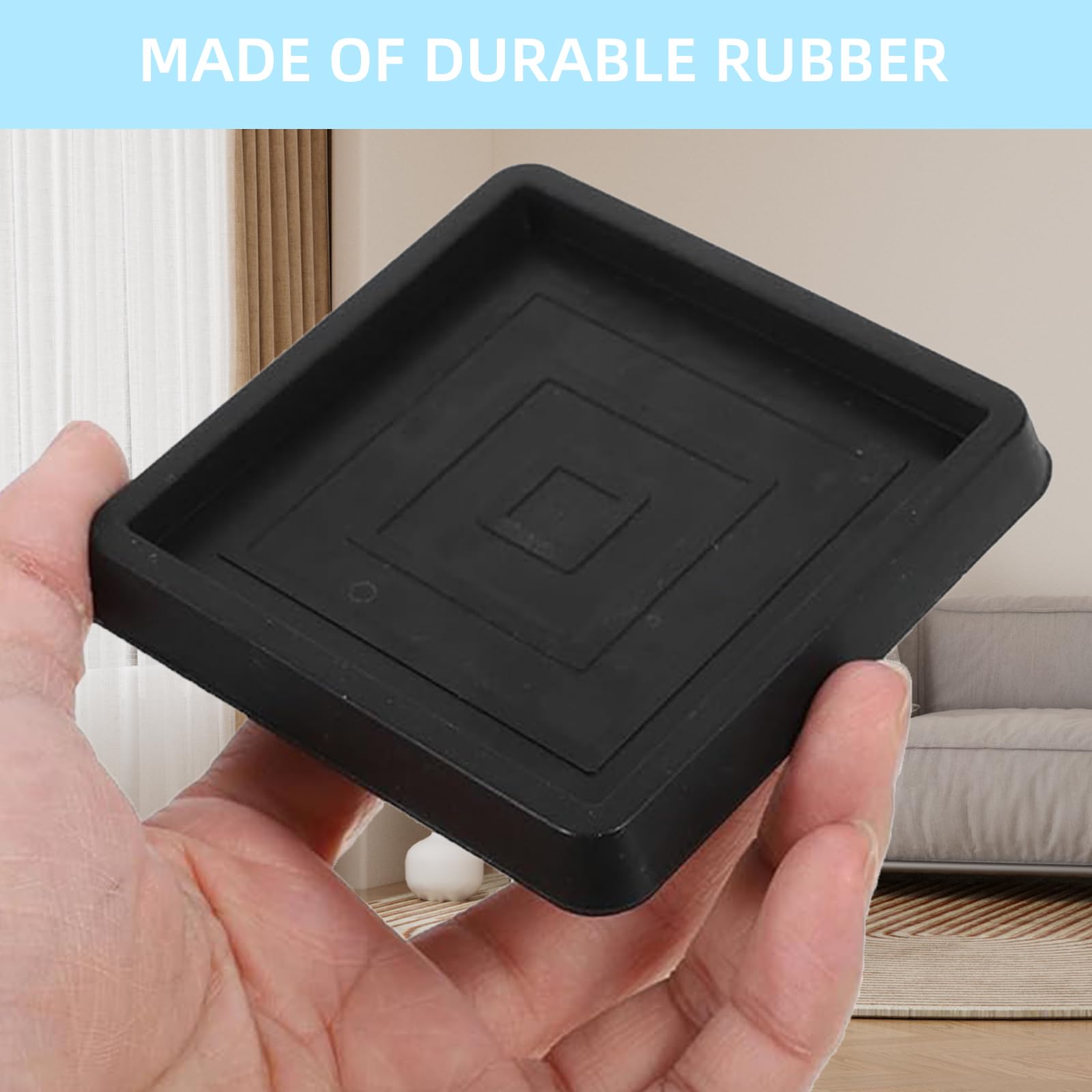 NIYATA 4 Pcs Furniture Coasters Cups,Piano Square Rubber Foot Pads,Rubber Square Feet Caster Cups,Anti Slip Furniture Pads for Hardwood Floors,Non Slip Chair Leg Floor Protectors,2.5 Inch,Black - Image 3