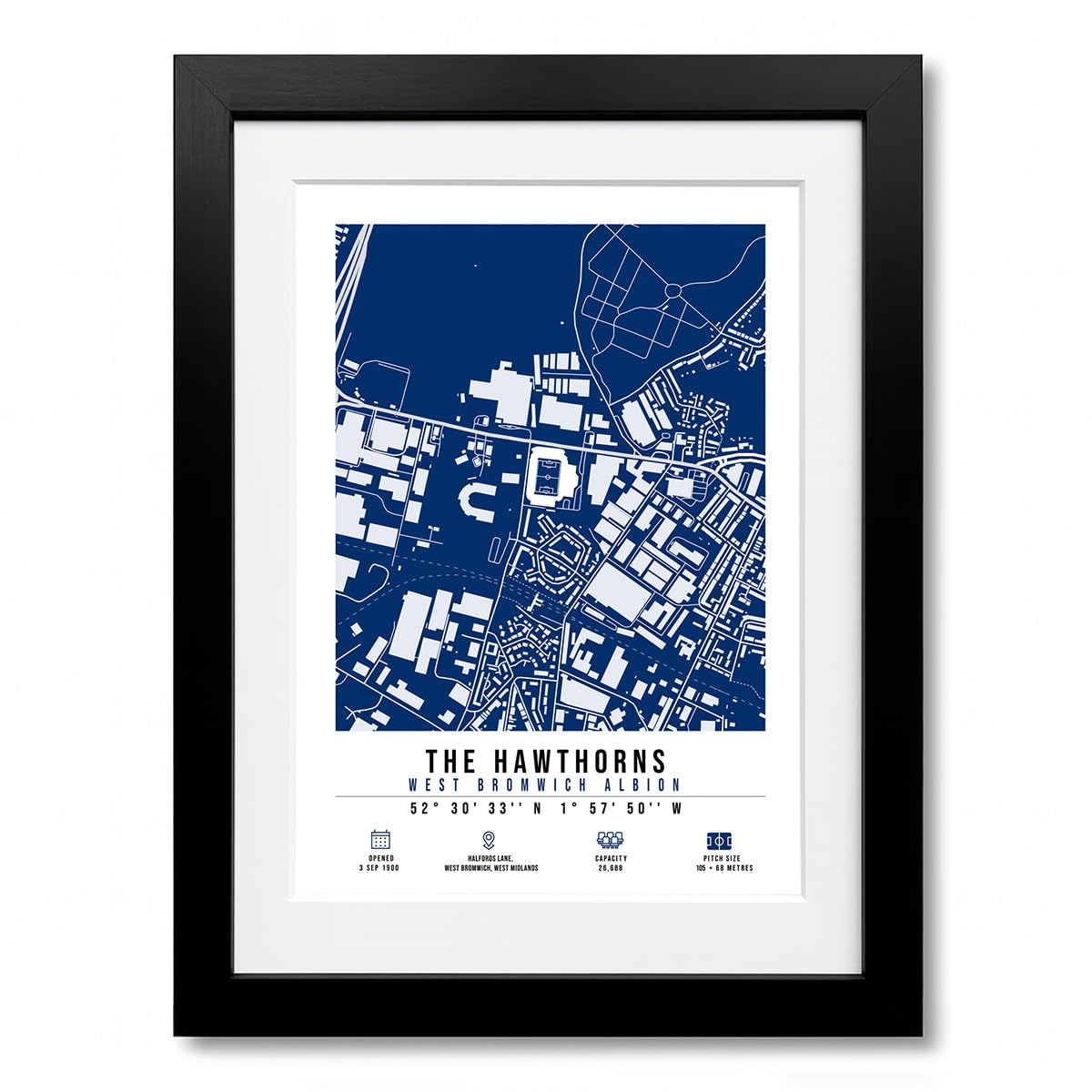 Mounted Gifts Trading A4 Black Framed & Mounted The Hawthorns Stadium Map Minimalist A4/A3 Poster Photo Print Framed Gift West Bromwich Albion (A4 Black Framed & Mounted)