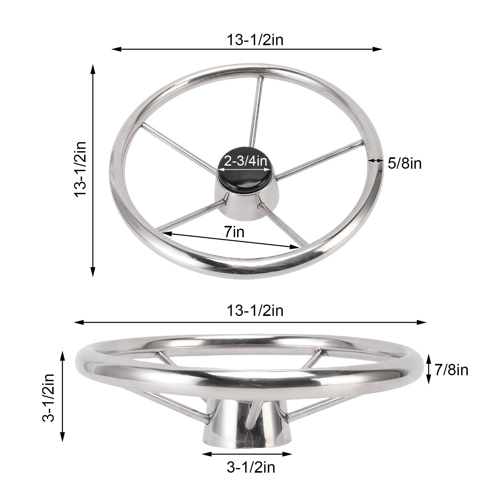 KIMISS Volante de Barco de Acero Inoxidable de 5 Radios, Estilo de 13-1/2 Pulgadas para Yates y Lanchas Rápidas, Volante Marino Clásico con Agarre Cómodo