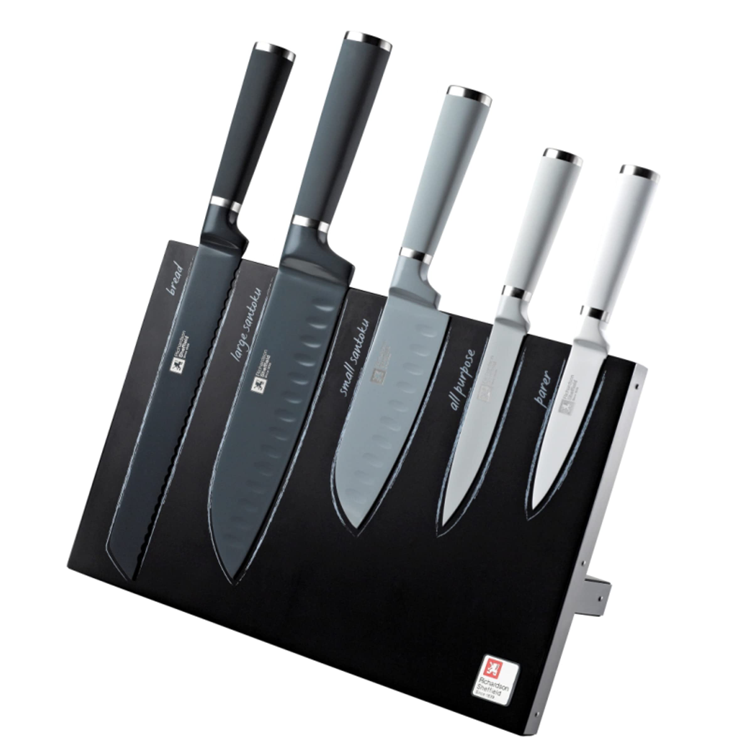 RICHARDSON SHEFFIELD Sheffield SEASONS MONO magnetyczny blok na noże, w zestawie 5-częściowy zestaw noży, nóż uniwersalny, nóż do warzyw, 2 x nóż Santoku i nóż do chleba, nadaje się do mycia w zmywarce, nierdzewny, brązowy/srebrny