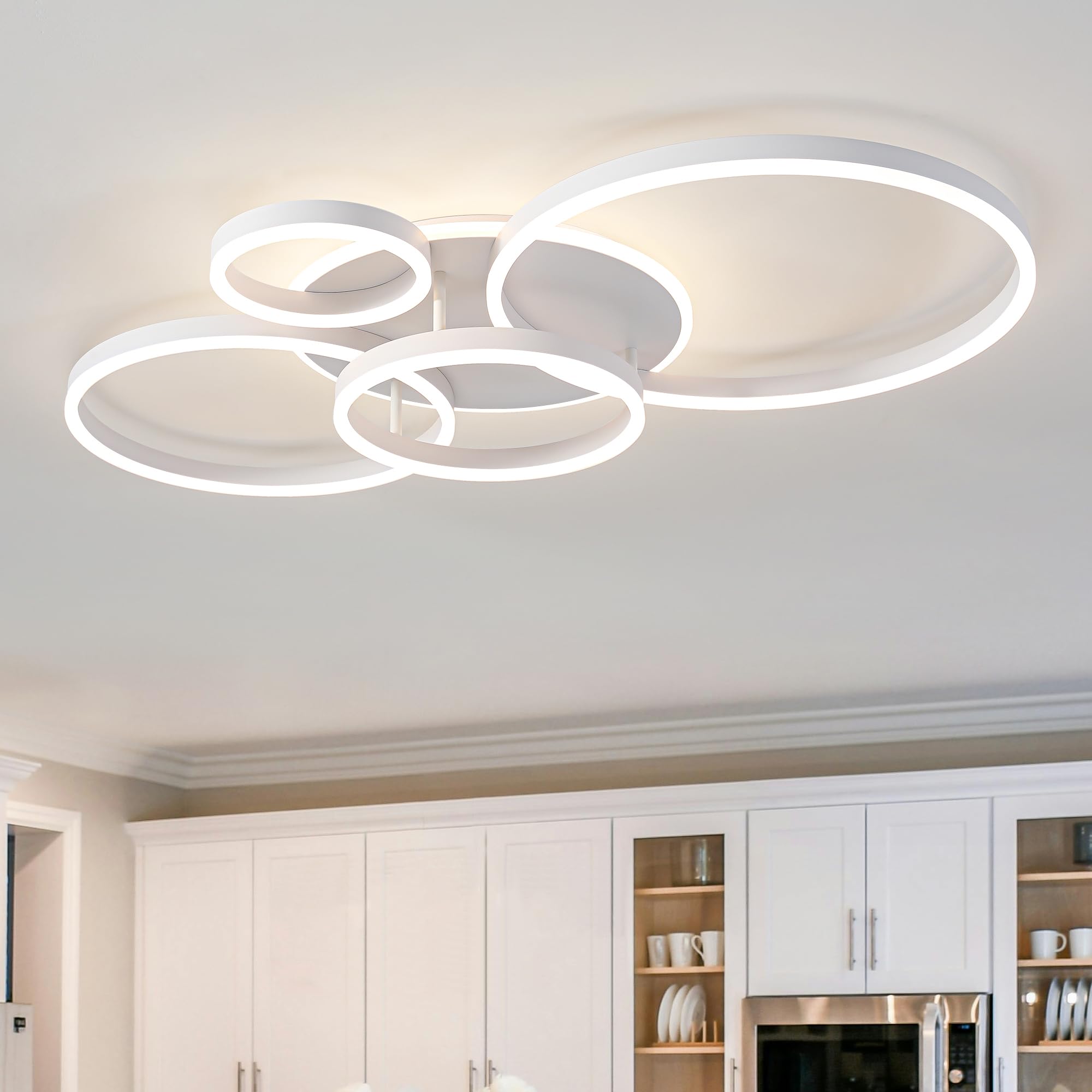 Photo 1 of O'NEELDY Modern Light Fixtures Ceiling Flush Mount Modern Led Ceiling Lights 5-Light Dimmable Led Chandelier White Lamp with Remote for Bedroom Living Room Kitchen Dining Room, 100W