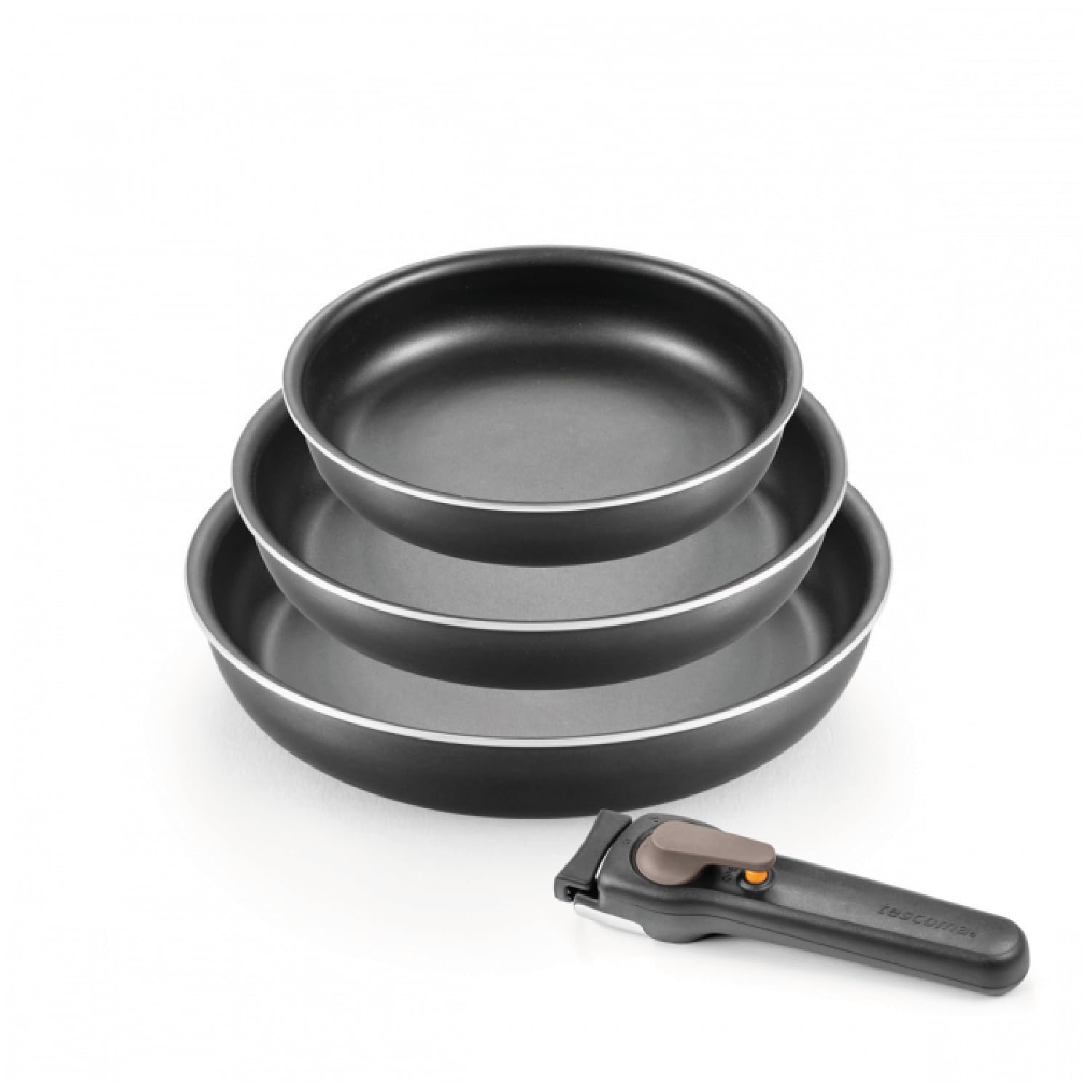 Tescoma VARIO pans nested with removable handle for compact storage.