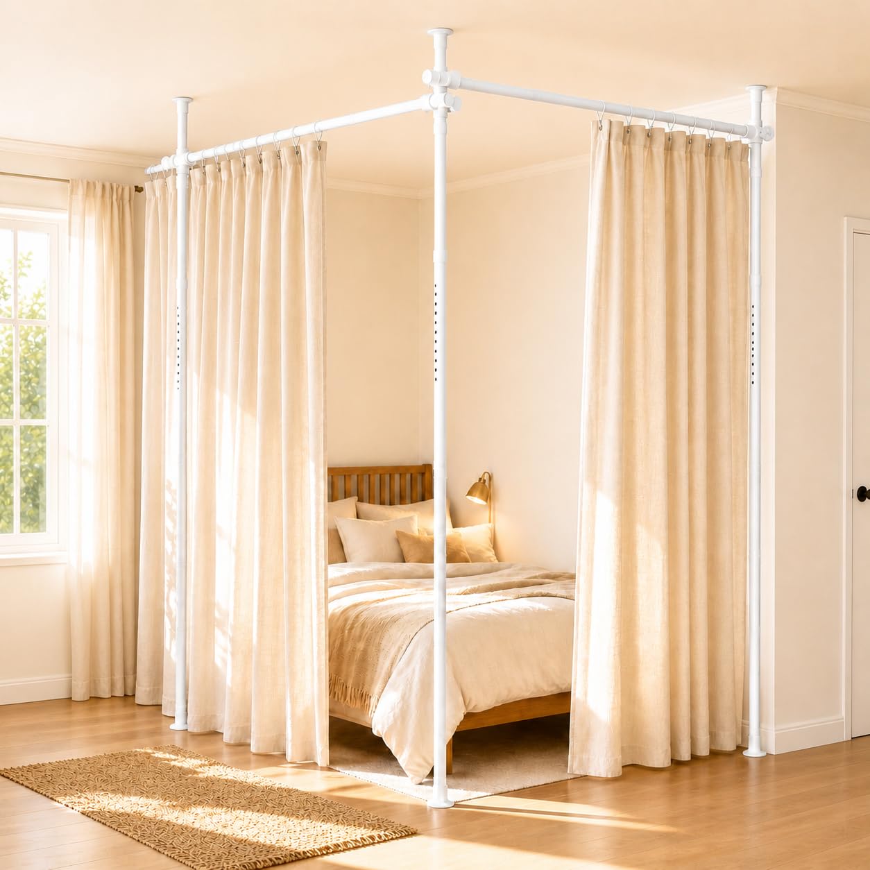 Divisor de ambientes, barra de cortina, ancho 70-355 cm x alto 122-305 cm, independiente separador de espacios, biombo sin cortina, flexible, ajustable, sin agujeros, protección visual para dormitorio