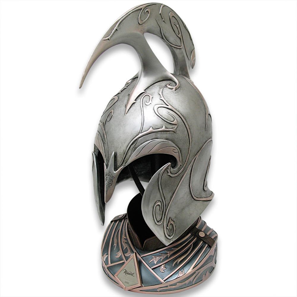 The Hobbit Rivendell Elf Helm - Officially Licensed Replica, Reinforced Polyresin Construction, Leather Chin Strap, Polystone and Wood Display Stand, for Movie Memorabilia Collectors