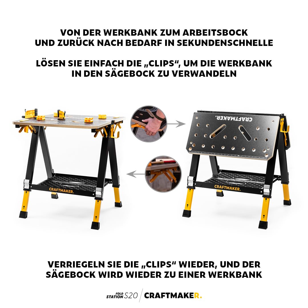 Klappbare Werkbank mit Arbeitsbockfunktion, höhenverstellbare Stahlkonstruktion, geeignet für schwere Arbeiten, inklusive Zubehör