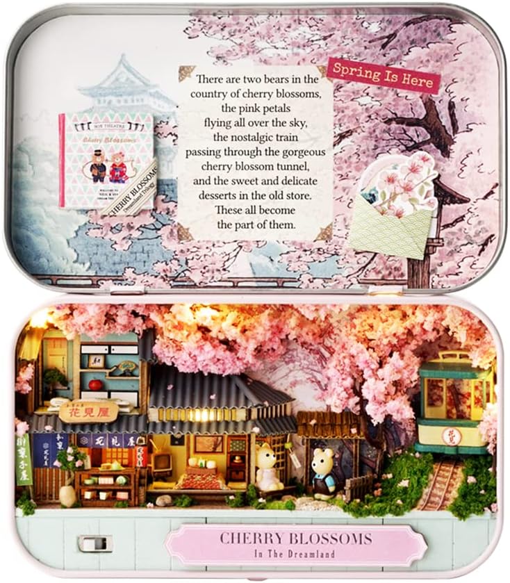 Kisoy DIY Miniature House Kit, Tiny House Building Kit with Furniture and LED Light for Adults and Teens, DIY Mini House Craft Kit, Decorations/Gifts for Family and Friends(Cherry Blossoms)