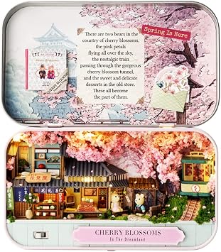 Kisoy DIY Miniature House Kit, Tiny House Building Kit with Furniture and LED Light for Adults and Teens, DIY Mini House Craft Kit, Decorations/Gifts for Family and FriendsCherry Blossoms