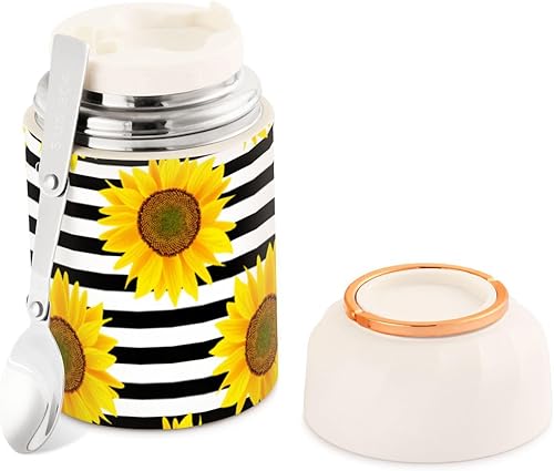 Miniatura 1 de Tarro de comida de girasol a rayas con cuchara de acero inoxidable aislado al vacío, contenedor de alimentos de 17 onzas para almuerzo