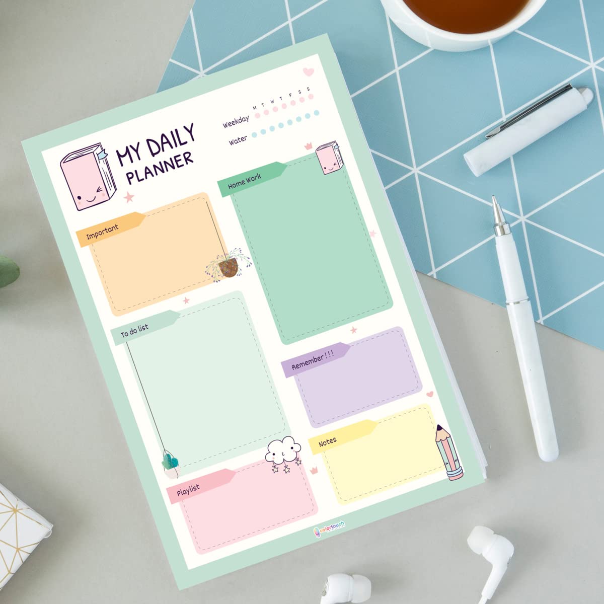 colortouch Haftalık, Günlük Planlayıcı Set - 50 Sayfa Tarihsiz Masaüstü Planner - Gençler, Kızlar, Yetişkinler için To Do List - 3 Parça - Green Serisi