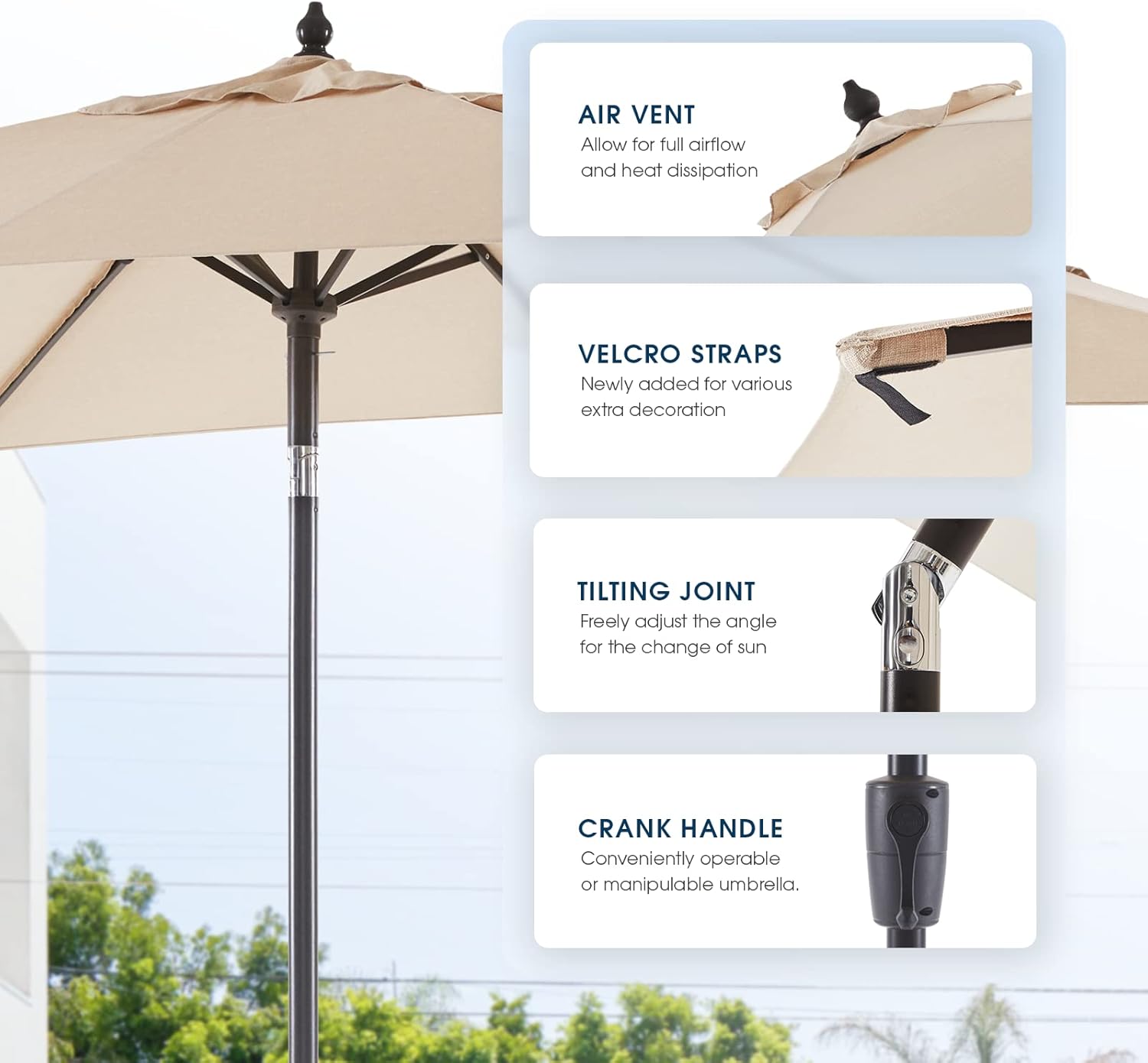 BLUU MAPLE Olefin 6.6 x 9.8 FT Patio Umbrella Outdoor Table Umbrellas, 36 Month Fade Resistance Olefin Canopy, Market Center Umbrellas with 8 Strudy Ribs & Push Button Tilt for Garden, Lawn & Pool (Beige)