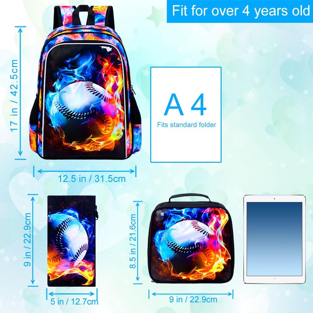 UFNDC 3PCS Boys Baseball Backpack, Kids Fire School Bag with Lunch Box, 17" Water Resistant Bookbag for Teenagers Elementary Middle - Image 4