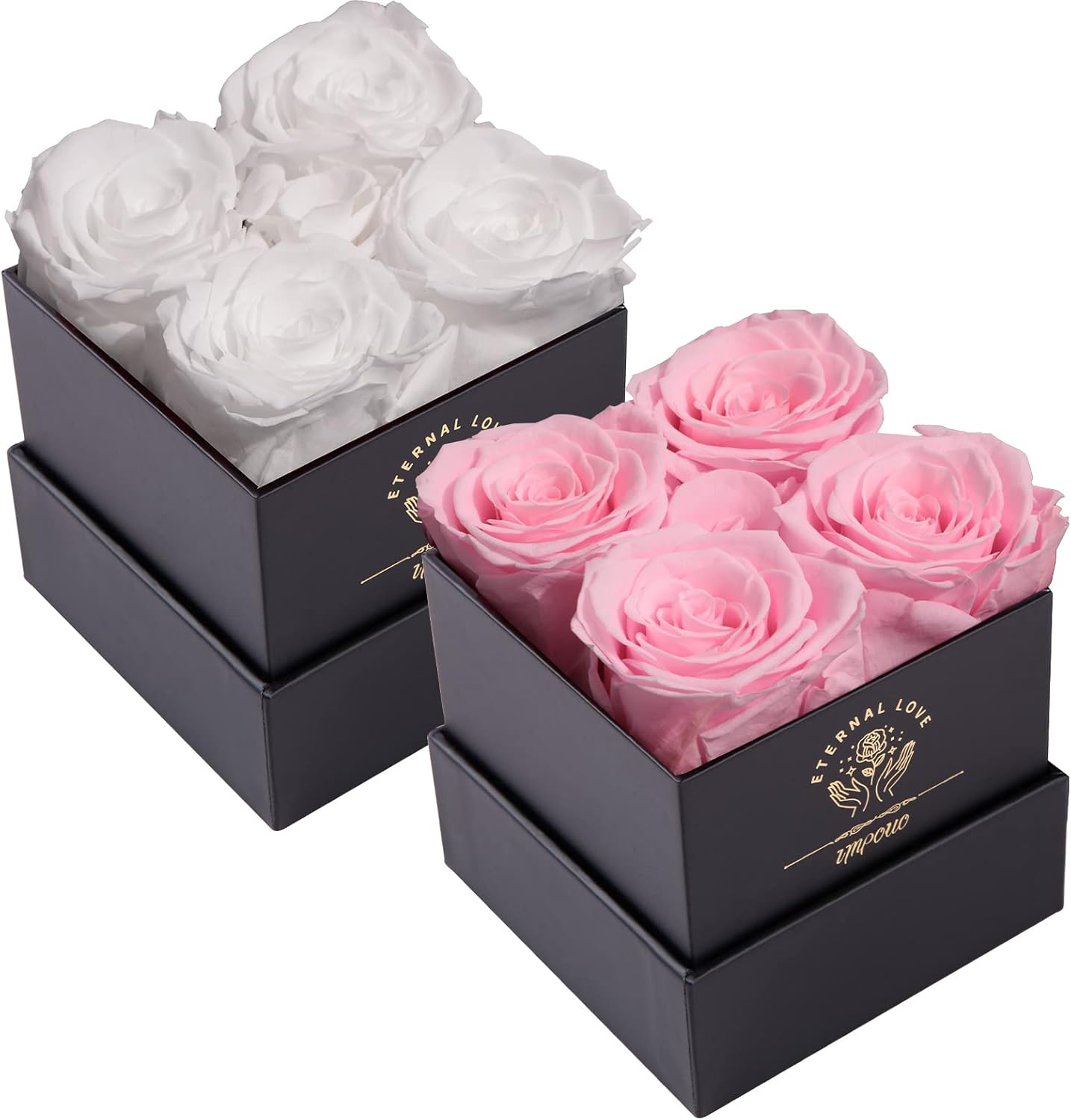 Impouo Preserved Roses Pink + White Bundle, Flowers for Delivery Prime - Roses in a Box - Real Roses That Last a Year - Fresh Flowers - Unique Gifts for Women, Mothers Day, Valentine’s Day