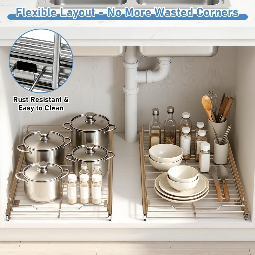 Pull Out Drawer Organizer for Kitchen Cabinets - 14”W x 21”D | Pull Out Cabinet Organizer, Slide Out Drawer for Kitchen Organizers and Storage, Heavy Duty 1 Tier Cabinet Pull Out Shelves
